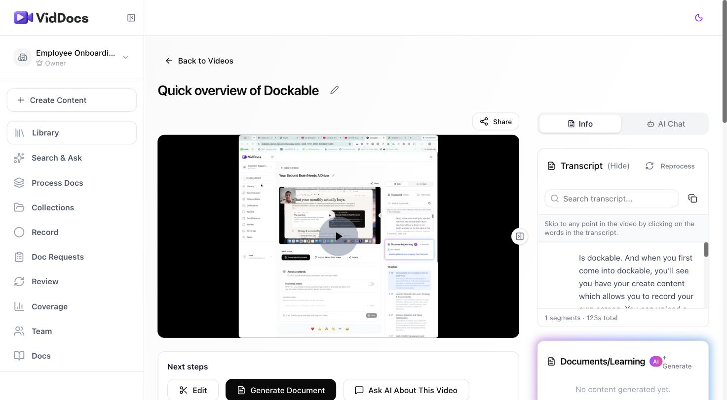 A video page, with the player, transcript, and Next steps card